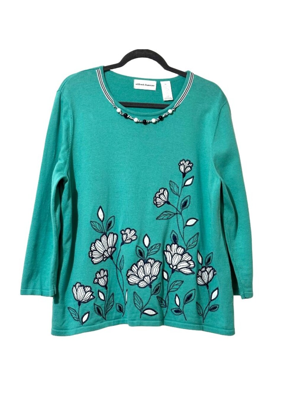 Alfred Dunner XL Floral Embroidered Long Sleeve Top Teal Green Cotton Blend